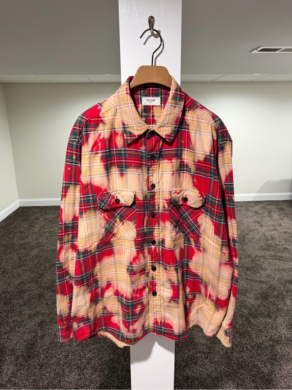 Celine x Hedi FW23 Bleached Tartan Plaid Red Flannel Shirt